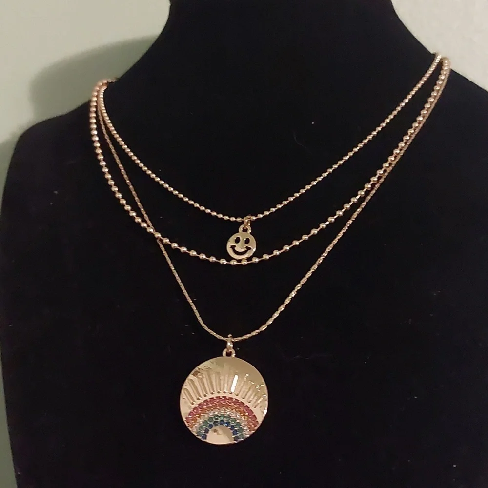 Gold Toned Three Strand Rainbow Smiley Face Ball Chain Necklace